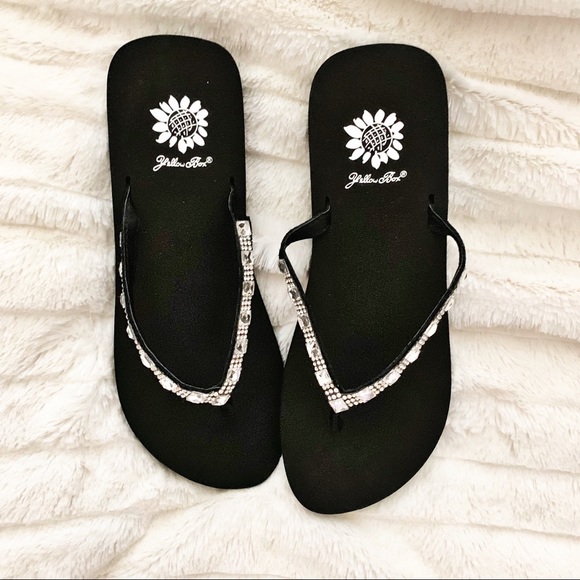 yellow box crystal flip flops